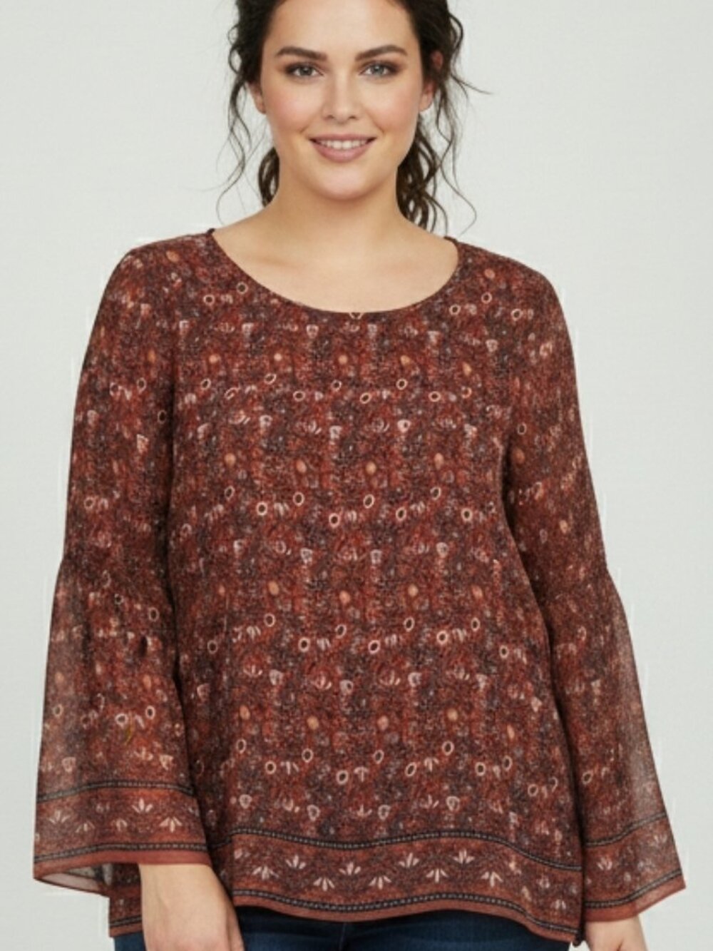 Max Studio* Red Floral Micro Pleat* Boho Blouse* Bell Sleeves* Size: L